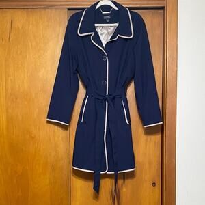 Classic Navy Trench Coat Contrast Tan Trim Satin Lined Belt Pockets Preppy Retro